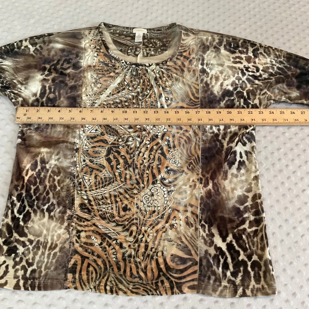 Chico's Blouse Women 2 Brown Animal Print Rhinestone Mixed Media 3/4 Sleeve Top